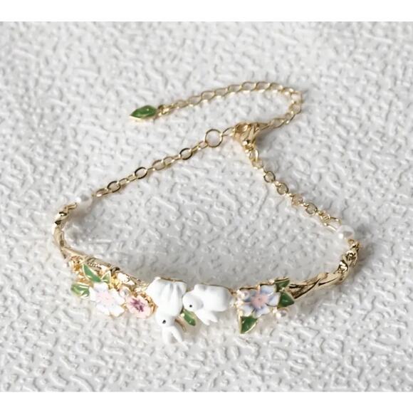 Curved Band Bracelet Bunnies in Flowers Gold Adjustable Chain NWT Cottagecore - Picture 3 of 6